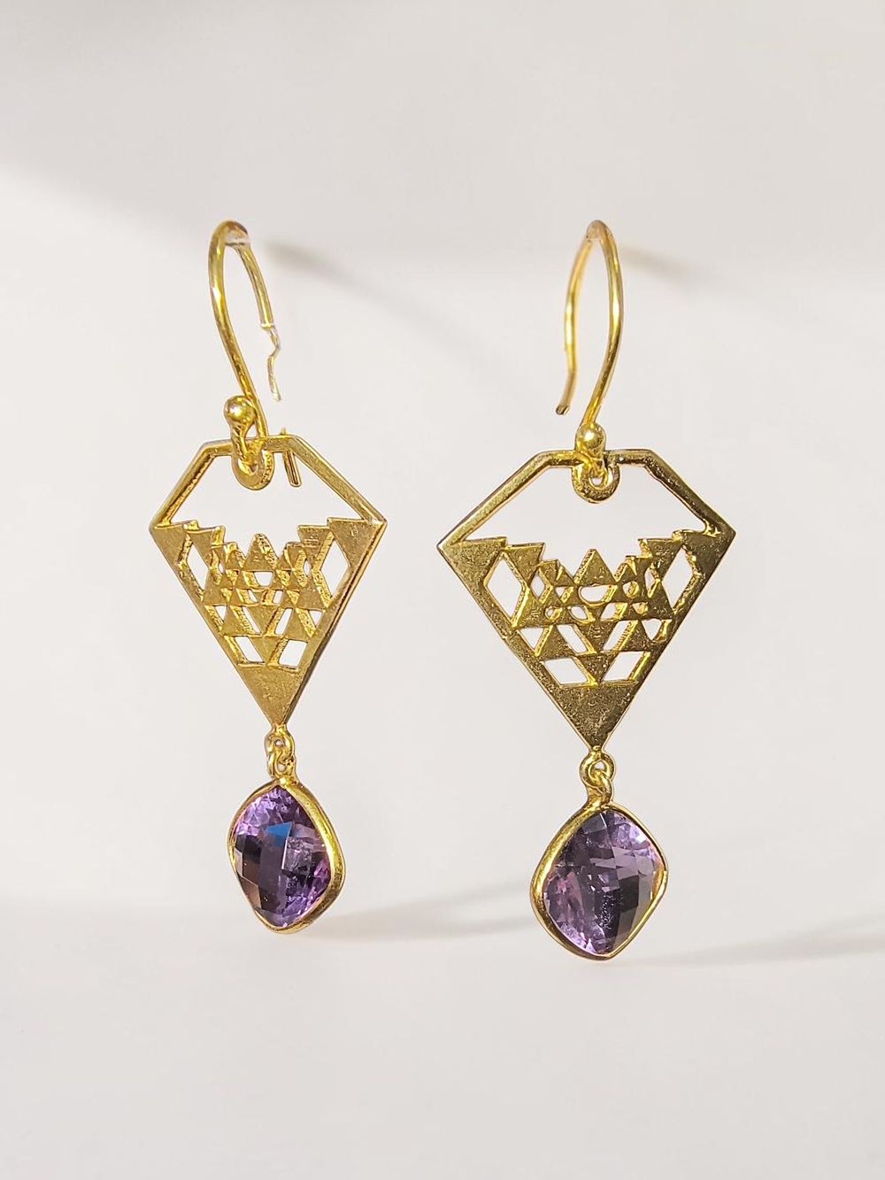 Amethyst & Gold Over Sterling Silver Geometric Design Dangle Earrings Brand New